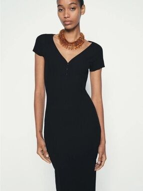 Zara Terez Black Ribbed V-Neck Midi Dress with Button Detail